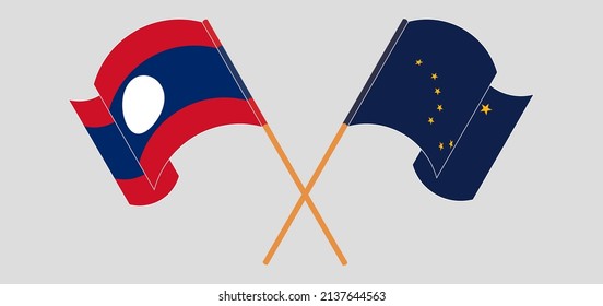 Überquerte Flaggen von Laos und dem Staat Alaska. Offizielle Farben. Richtiger Anteil. Vektorgrafik
