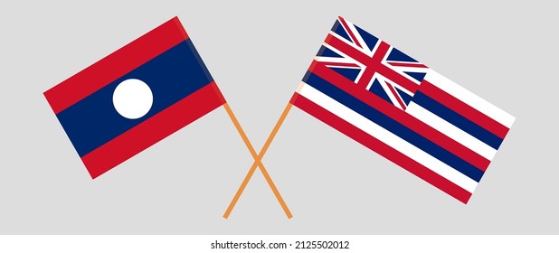 Crossed flags of Laos and The State Of Hawaii. Official colors. Correct proportion. Vector illustration
