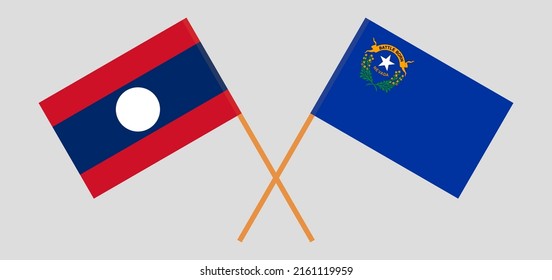 Crossed flags of Laos and The State of Nevada. Official colors. Correct proportion. Vector illustration
