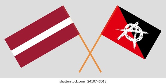 Crossed flags of Latvia and anarchy. Official colors. Correct proportion. Vector illustration
