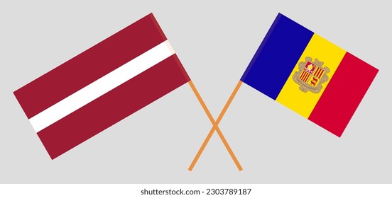 Crossed flags of Latvia and Andorra. Official colors. Correct proportion. Vector illustration
