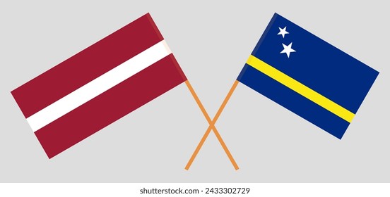 Crossed flags of Latvia and Country of Curacao. Official colors. Correct proportion. Vector illustration
