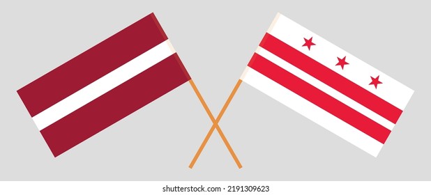 Crossed flags of Latvia and District of Columbia. Official colors. Correct proportion. Vector illustration
