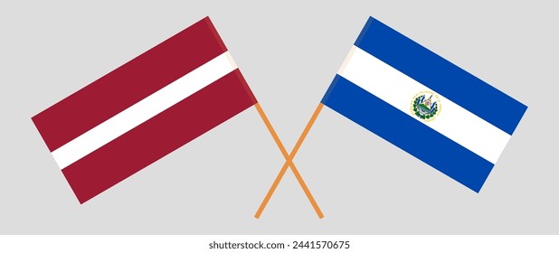 Crossed flags of Latvia and El Salvador. Official colors. Correct proportion. Vector illustration
