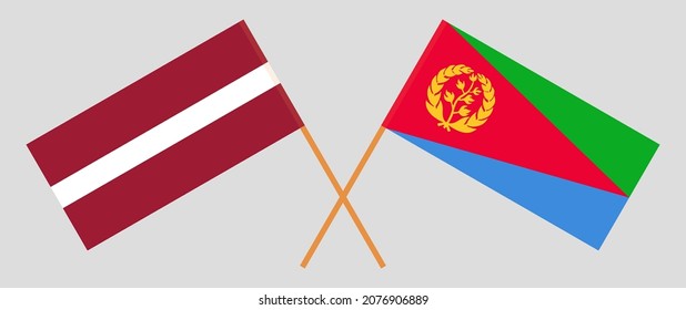 Crossed flags of Latvia and Eritrea. Official colors. Correct proportion. Vector illustration
