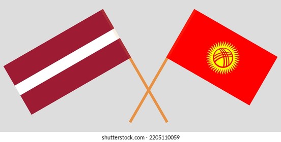 Crossed flags of Latvia and Kyrgyzstan. Official colors. Correct proportion. Vector illustration
