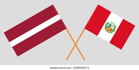 Crossed flags of Latvia and Peru. Official colors. Correct proportion. Vector illustration
