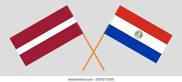 Crossed flags of Latvia and Republic of Paraguay. Official colors. Correct proportion. Vector illustration.
