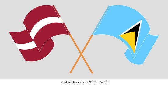 Crossed flags of Latvia and Saint Lucia. Official colors. Correct proportion. Vector illustration
