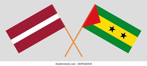 Crossed flags of Latvia and Sao Tome and Principe. Official colors. Correct proportion