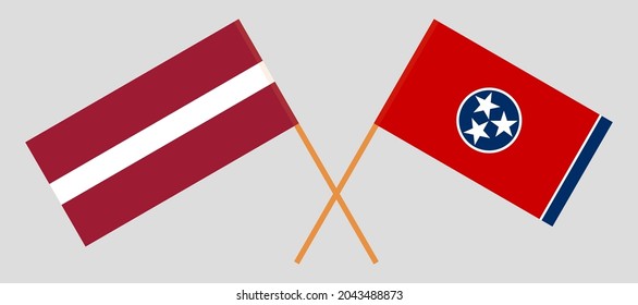 Crossed flags of Latvia and the State of Tennessee. Official colors. Correct proportion