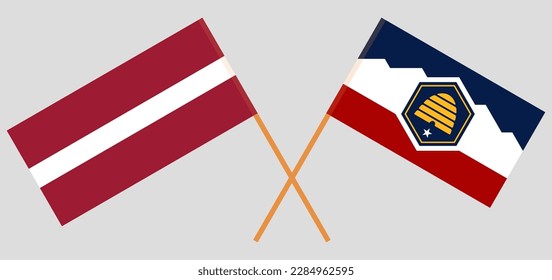 Crossed flags of Latvia and The State of Utah. Official colors. Correct proportion. Vector illustration
