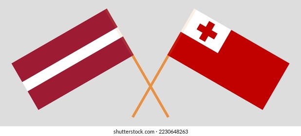 Überkreuzte Flaggen von Lettland und Tonga. Offizielle Farben. Richtiger Anteil. Vektorgrafik
