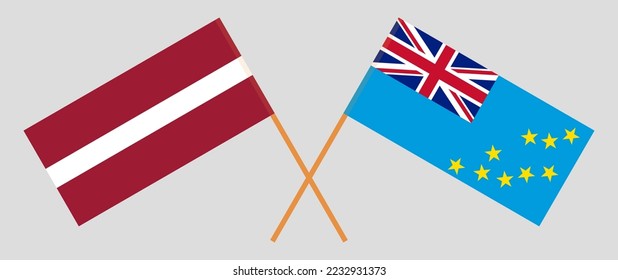 Crossed flags of Latvia and Tuvalu. Official colors. Correct proportion. Vector illustration

