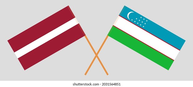 Crossed flags of Latvia and Uzbekistan. Official colors. Correct proportion