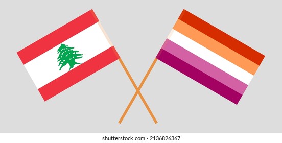 Crossed flags of the Lebanon and Lesbian Pride. Official colors. Correct proportion. Vector illustration
