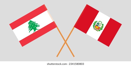 Crossed flags of the Lebanon and Peru. Official colors. Correct proportion. Vector illustration
