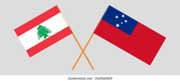 Crossed flags of the Lebanon and Samoa. Official colors. Correct proportion. Vector illustration
