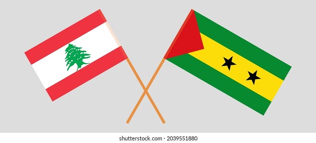 Crossed flags of the Lebanon and Sao Tome and Principe. Official colors. Correct proportion