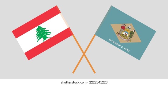 Crossed flags of the Lebanon and The State of Delaware. Official colors. Correct proportion. Vector illustration
