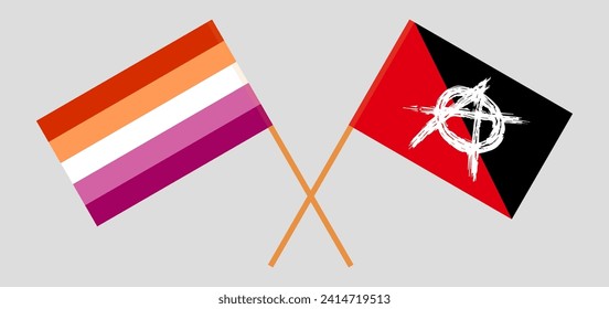 Crossed flags of Lesbian Pride and anarchy. Official colors. Correct proportion. Vector illustration
