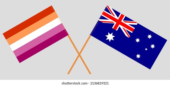 Crossed flags of Lesbian Pride and Australia. Official colors. Correct proportion. Vector illustration
