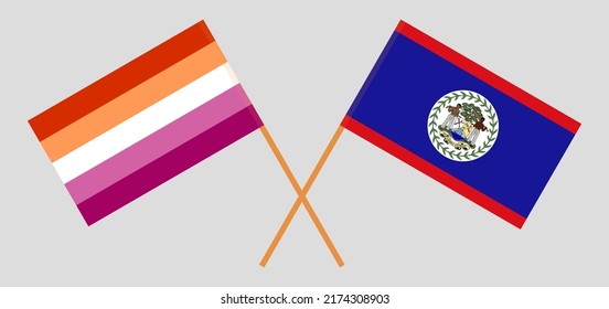 Banderas cruzadas del Orgullo Lesbiano y Belice. Colores oficiales. Proporción correcta. Ilustración del vector