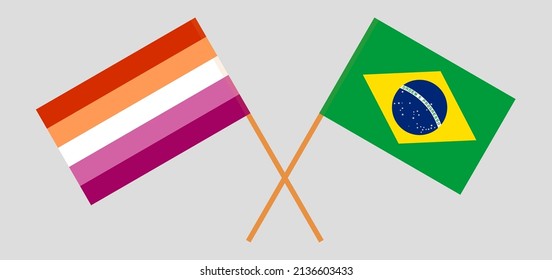 Crossed flags of Lesbian Pride and Brazil. Official colors. Correct proportion. Vector illustration