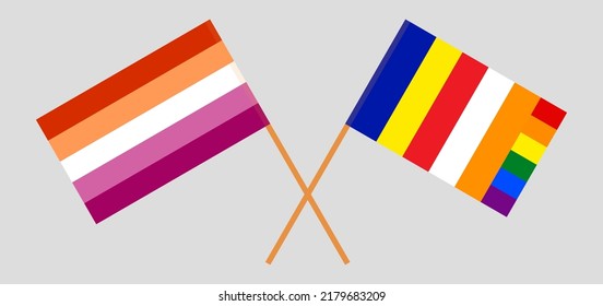 Crossed flags of Lesbian Pride and Buddhism. Official colors. Correct proportion. Vector illustration
