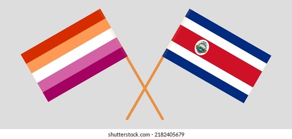 Crossed flags of Lesbian Pride and Costa Rica. Official colors. Correct proportion. Vector illustration
