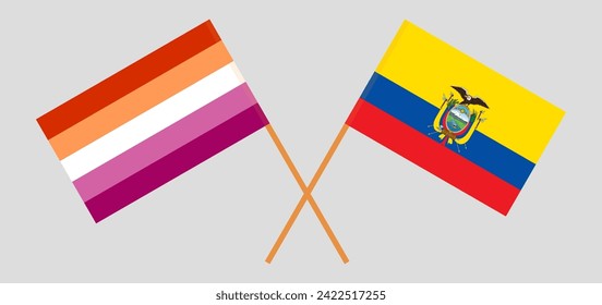Crossed flags of Lesbian Pride and Ecuador. Official colors. Correct proportion. Vector illustration
