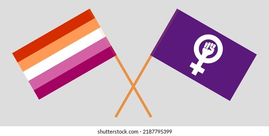Crossed flags of Lesbian Pride and Feminism. Official colors. Correct proportion. Vector illustration
