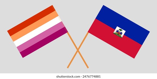 Crossed flags of Lesbian Pride and Haiti. Official colors. Correct proportion. Vector illustration
