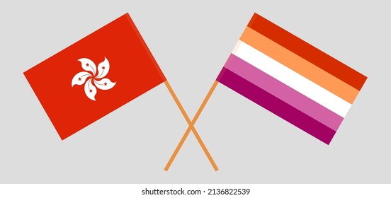 Crossed flags of Lesbian Pride and Hong Kong. Official colors. Correct proportion. Vector illustration
