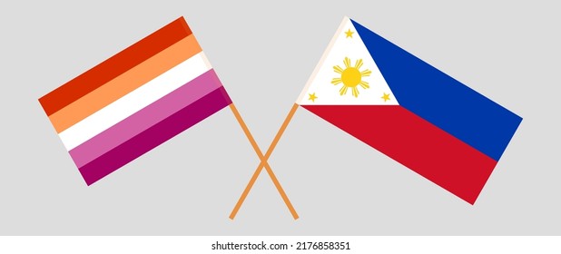 Crossed flags of Lesbian Pride and the Philippines. Official colors. Correct proportion. Vector illustration

