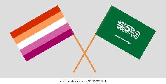 Crossed flags of Lesbian Pride and Saudi Arabia. Official colors. Correct proportion. Vector illustration