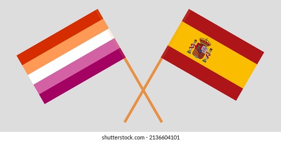 Crossed flags of Lesbian Pride and Spain. Official colors. Correct proportion. Vector illustration
