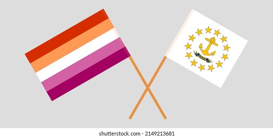 Crossed flags of Lesbian Pride and the State of Rhode Island. Official colors. Correct proportion. Vector illustration
