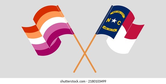 Crossed flags of Lesbian Pride and The State of North Carolina. Official colors. Correct proportion. Vector illustration
