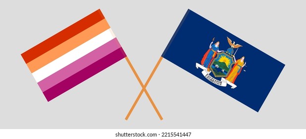 Crossed flags of Lesbian Pride and The State of New York. Official colors. Correct proportion. Vector illustration
