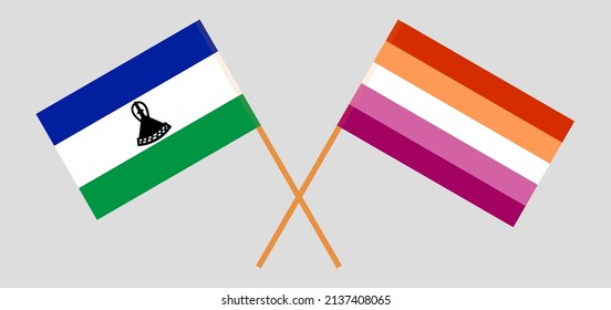 Crossed flags of Lesotho and Lesbian Pride. Official colors. Correct proportion. Vector illustration
