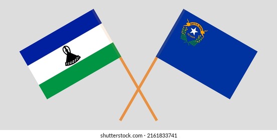 Überquerte Flaggen von Lesotho und dem Staat Nevada. Offizielle Farben. Richtiger Anteil. Vektorgrafik
