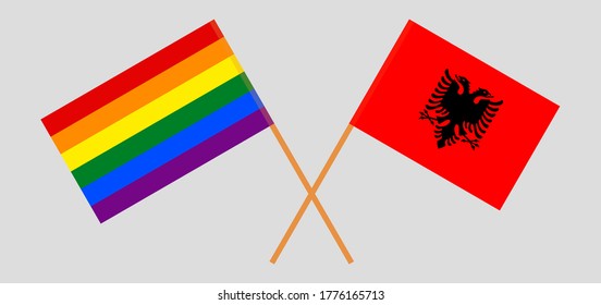 Crossed flags of LGBT and Albania. Official colors. Correct proportion. Vector illustration
