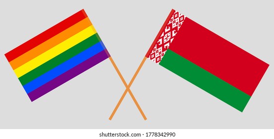 Crossed flags of LGBT and Belarus. Official colors. Correct proportion. Vector illustration
