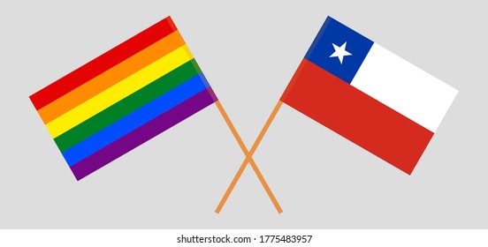 Crossed flags of LGBT and Chile. Official colors. Correct proportion. Vector illustration
