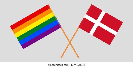 Crossed flags of LGBT and Denmark. Official colors. Correct proportion. Vector illustration
