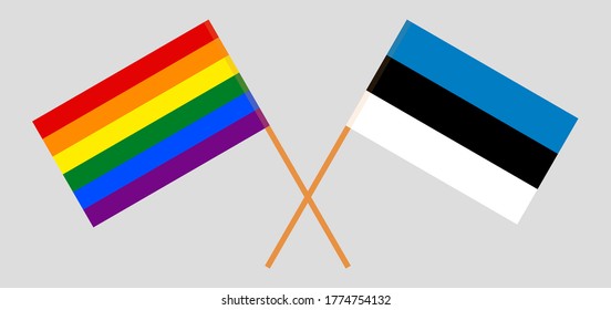 Crossed flags of LGBT and Estonia. Official colors. Correct proportion. Vector illustration
