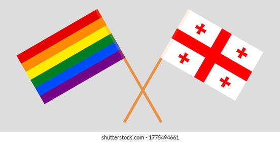 Crossed flags of LGBT and Georgia. Official colors. Correct proportion. Vector illustration
