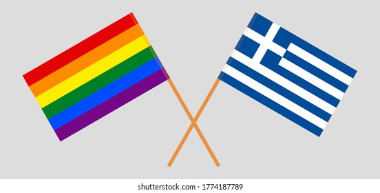 Crossed flags of LGBT and Greece. Official colors. Correct proportion. Vector illustration
