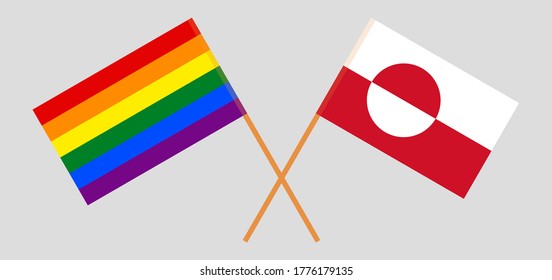 Crossed flags of LGBT and Greenland. Official colors. Correct proportion. Vector illustration
